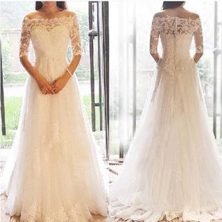 Angel Bridal Off-Shoulder Paneled Ball Gown Wedding Dress