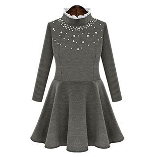 AGA Frill Collar Embellished Pleated Knit Dress