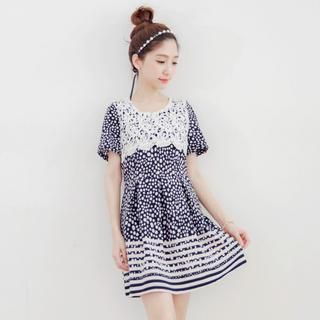 Tokyo Fashion Short-Sleeve Lace-Panel Dotted Dress