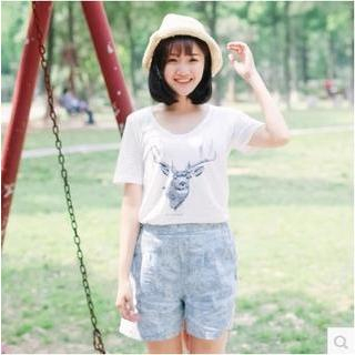 Forest Girl Short-Sleeve Deer Print T-Shirt