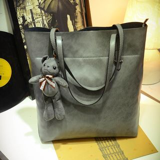 LineShow Bear Accent Faux Leather Tote