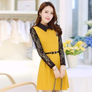 AiSun Contrast Collar Lace Panel A-Line Dress with Belt