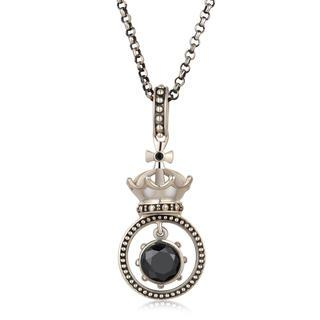 MBLife.com Left Right Accessory - 925 Silver Cross Crown on Milgrain Ring with Dangling Black CZ Necklace (24