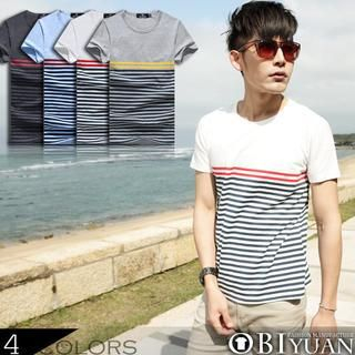 OBI YUAN Contrast-Color Stripes Round Neck T-Shirt