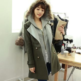 Dodostyle Wool Blend Detachable Hooded Double-Breasted Coat