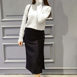 Bloombloom Side-slit Midi Woolen Skirt