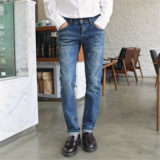 MITOSHOP Distressed Washed Straight-Cut Jeans