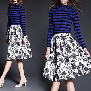 Tal.lu.lah Set: Long-Sleeve Striped Knit Top + Floral Midi Skirt