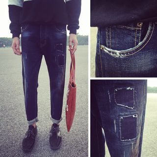JUN.LEE Patchwork Slim-Fit Jeans