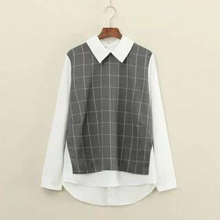 Mushi Long-Sleeve Check Mock Two Piece blouse