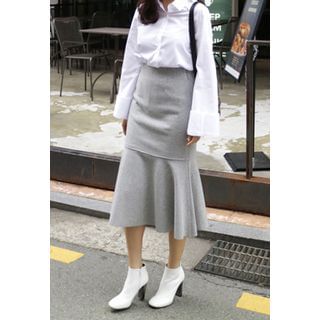 BBORAM Wool Blend Ruffle-Hem Midi Skirt
