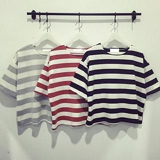 QZ Lady Elbow-Sleeve Striped T-Shirt