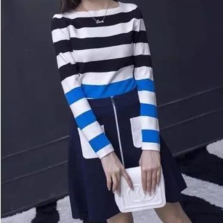 Ashlee Set: Striped Knit Top + Zip Front A-Line Skirt