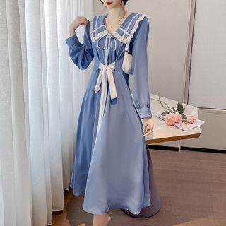 Long-sleeve Sailor-collar Ribbon Midi Dress