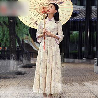 GU ZHI 3/4-Sleeve Lace Midi Dress