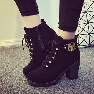 Zandy Shoes Lace-Up Buckled Heel Ankle Boots
