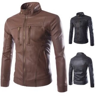 Bay Go Mall Faux Leather Stand Collar Jacket