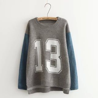 Aigan Denim-Sleeve Lettering Sweater