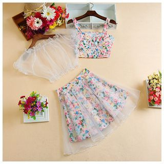 Daina Set: Floral Print Bandeau + Mesh Top + Inset Skirt