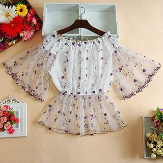 Daina Off-Shoulder Floral Embroidered Bell-Sleeve Top