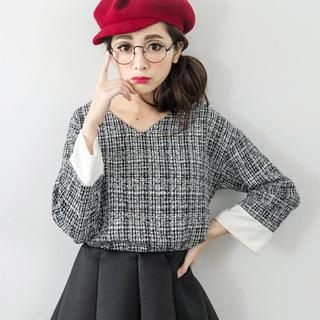 Tokyo Fashion Long-Sleeve V-Neck Plaid Tweed Top