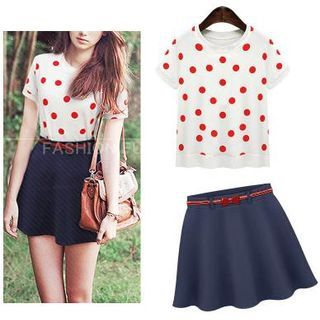Lumini Set: Short-Sleeve Dotted Pullover + Frilled A-Line Skirt