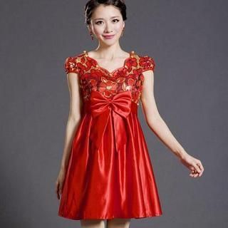 Miss Four Qipao Bow Accent Sequined A-Line Cocktail Dress