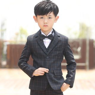 Kids Check Blazer / Dress Pants / Long-Sleeve Shirt / Bow Tie / Vest /  Brooch / Set - Asian Fashion