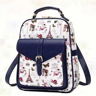 BeiBaoBao Contrast-Trim Buckled Print Backpack