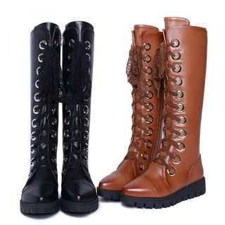 JY Shoes Hidden Wedge Lace Up Tall Boots