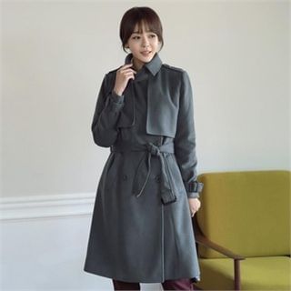 ode' Flap-Front Wool Blend Trench Coat with Belt