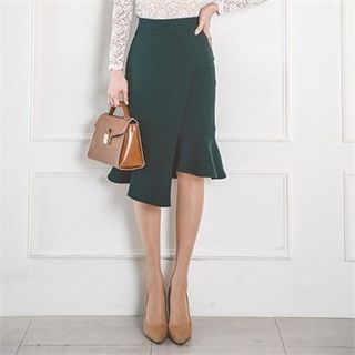 ERANZI Ruffled Asymmetric-Hem Midi Skirt