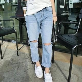 Honeydew Slashed Straight-Cut Jeans