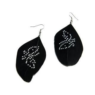 Crystal-Studded Feather Earrings Black - One Size