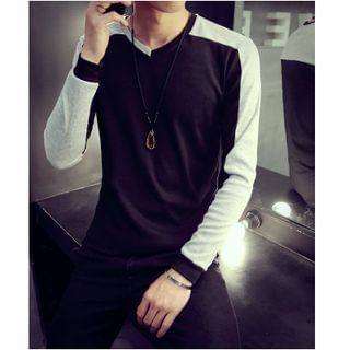 Bay Go Mall Color-Block V-Neck Long Sleeve T-Shirt