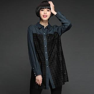 Mythmax Lace Panel Denim Long Blouse With Camisole Top
