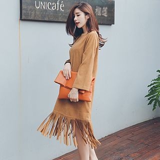 Bloombloom Suede Bell Sleeve Fringed Tunic