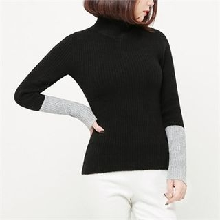 GLAM12 Wool Blend Color-Block Turtle-Neck Knit Top