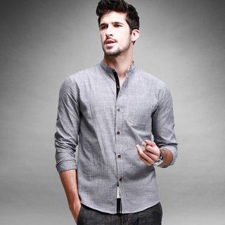 Quincy King Pinstriped Stand-collar Long-Sleeve Shirt
