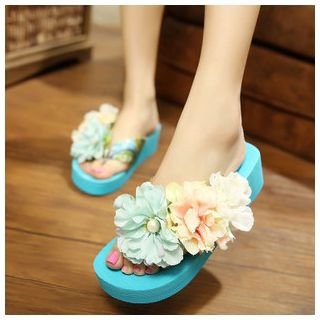 Sunset Hours Corsage Wedge Thong Sandals