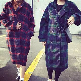 Eva Fashion Double-breasted Plaid Woolen Coat