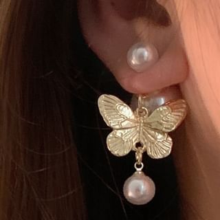 Butterfly Faux Pearl Alloy Ear Jacket / Dangle Earring