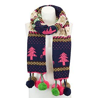 Richcoco Christmas Printed Pompom Knit Scarf