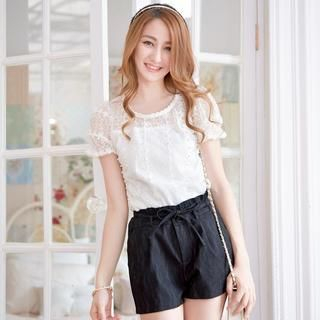 Tokyo Fashion Short-Sleeve Embroidered Tulle Overlay Top