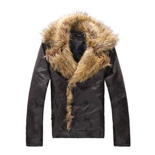 Bestrooy Furry Collar Double-Breasted Faux Leather Jacket