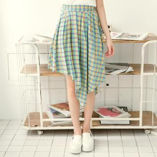 Tokyo Fashion Diagonal-Hem Plaid Pleated Skirt