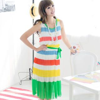 Striped Maxi Chiffon Dress Green - One Size