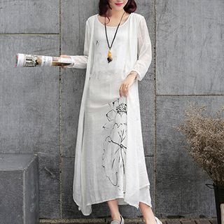 SEYLOS Set: Floral Print Sleeveless Dress + Long Sleeved Cardigan