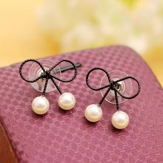 Seoul Young Bow-Accent Beaded Ear Studs Black - One Size