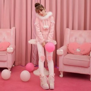 Candy Rain Furry Hooded Lace Trim Zip Jacket